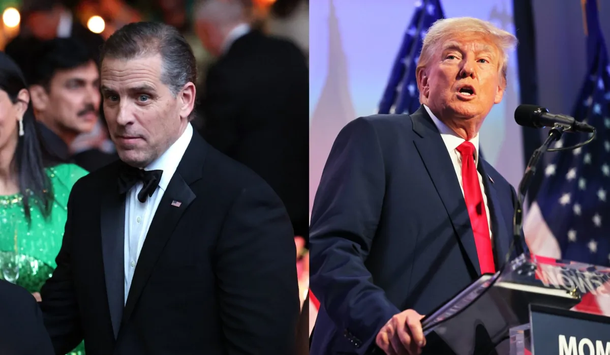 (L) Hunter Biden at a state dinner at the White House on June 22, 2023. (Anna Moneymaker/Getty Images) / Republican presidential candidate Donald Trump in Philadelphia, Pa., on June 30, 2023. (Michael M. Santiago/Getty Images)