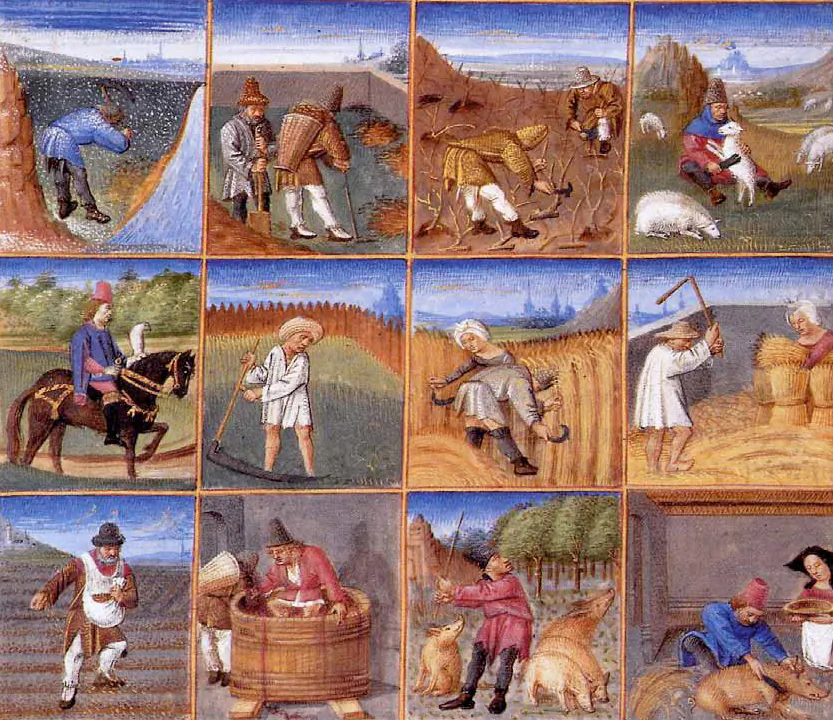 Mark Twain gives a humorous twist to the serious business of agriculture. Agricultural calendar, circa 1470, from a manuscript of Pietro de Crescenzi. (Public Domain)