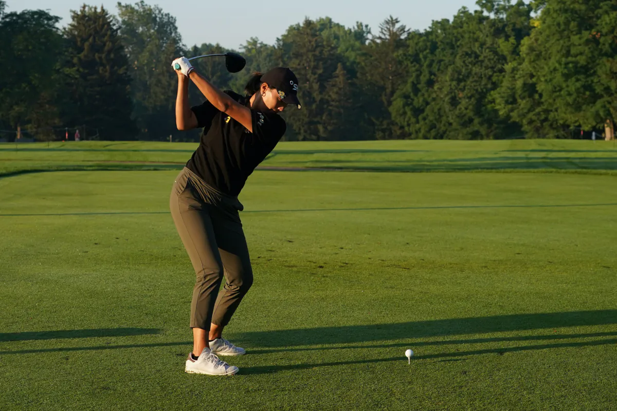 Annie Park of the United States plays her shot from the tenth tee during the second round of the Dana Open at Highland Meadows Golf Club in Sylvania, Ohio, on July 14, 2023. (Dylan Buell/Getty Images)