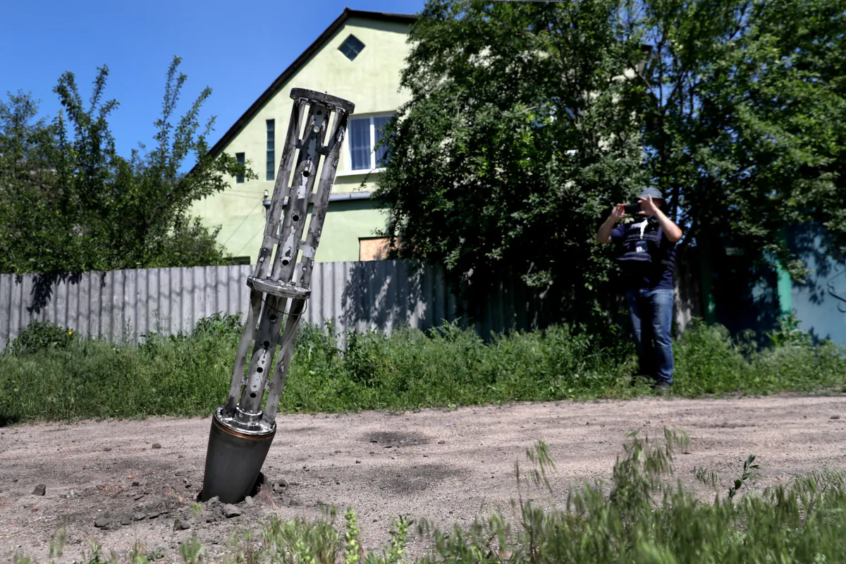 An emptied cluster munition container on the outskirts of Kharkiv, Ukraine, on June 10, 2022. (Ivan Alvarado/Reuters)
