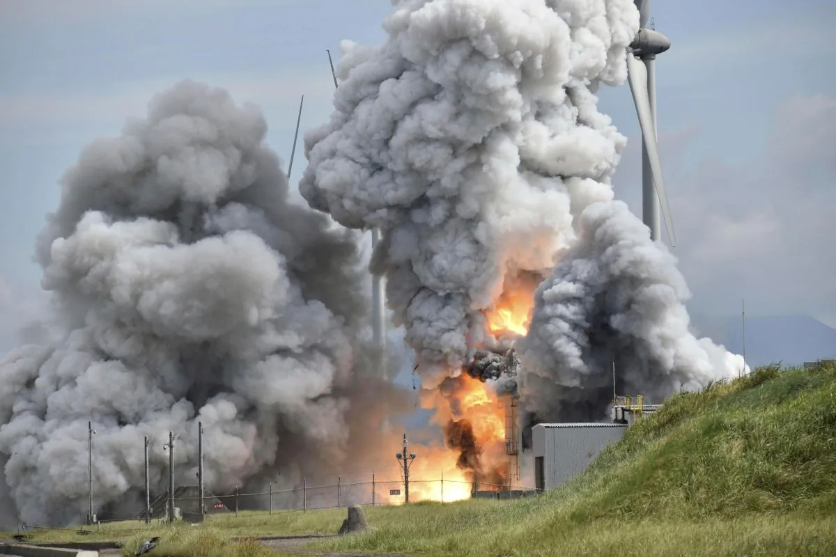 Smoke rises as an engine for an Epsilon S rocket exploded during a test at the Japan Aerospace Exploration Agency's testing site in Noshiro, Akita Prefecture, northeastern Japan, on July 14, 2023. (Kyodo News via AP)