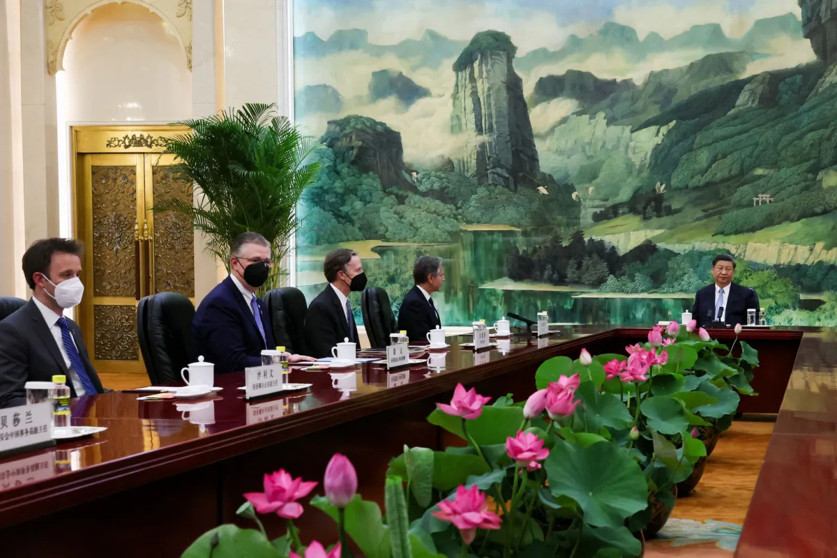 U.S. Secretary of State Antony Blinken (4th left) attends a meeting with Chinese leader Xi Jinping (right) at the Great Hall of the People in Beijing, China, on June 19, 2023. (LEAH MILLIS/POOL/AFP via Getty Images)