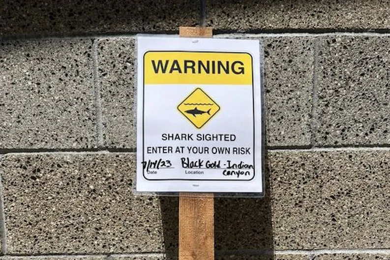 A shark warning sign is seen at Black Beach in San Diego, Calif., on July 14, 2023. (Courtesy of San Diego Fire-Rescue Department)