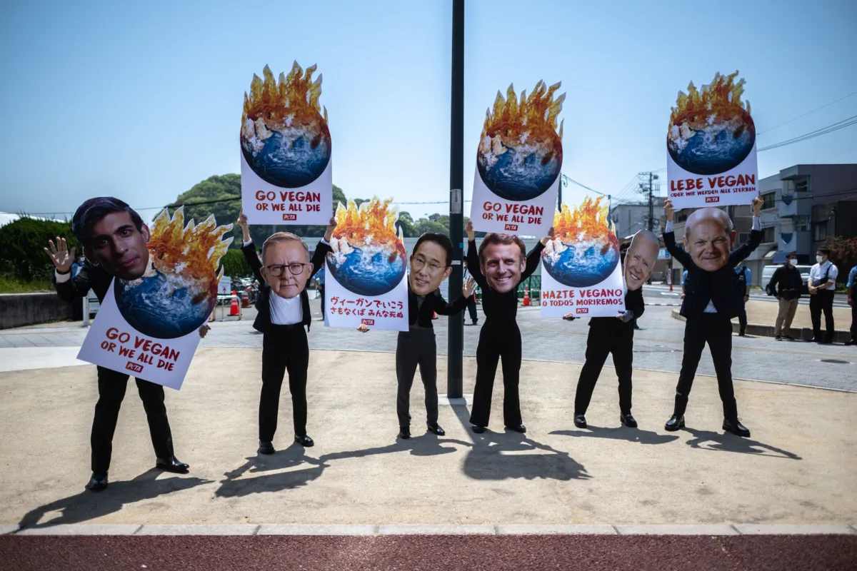 (L to R) Activists from the animal rights group PETA Asia wearing cutouts of Britain's Prime Minister Rishi Sunak, Australia's Prime Minister Anthony Albanese, Japan's Prime Minister Fumio Kishida, France's President Emmanuel Macron, U.S. President Joe Biden, and German Chancellor Olaf Scholz take part in a protest to urge governments to implement policies for transitioning to vegan food systems ahead of the G7 Leaders' Summit in Hiroshima on May 17, 2023. (Philip Fong/AFP via Getty Images)