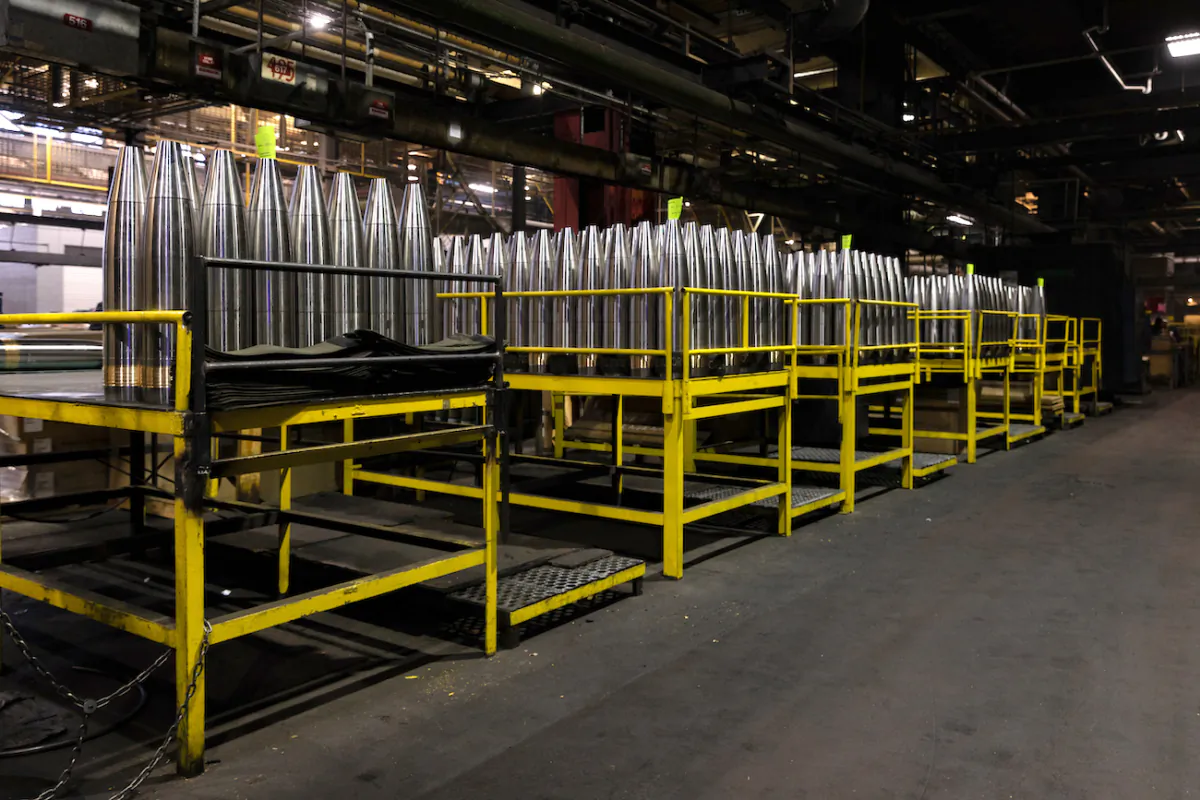 155-mm artillery shells sit in the production shop at the Scranton Army Ammunition Plant in Scranton, Pa., on April 12, 2023. (Hannah Beier/Getty Images)