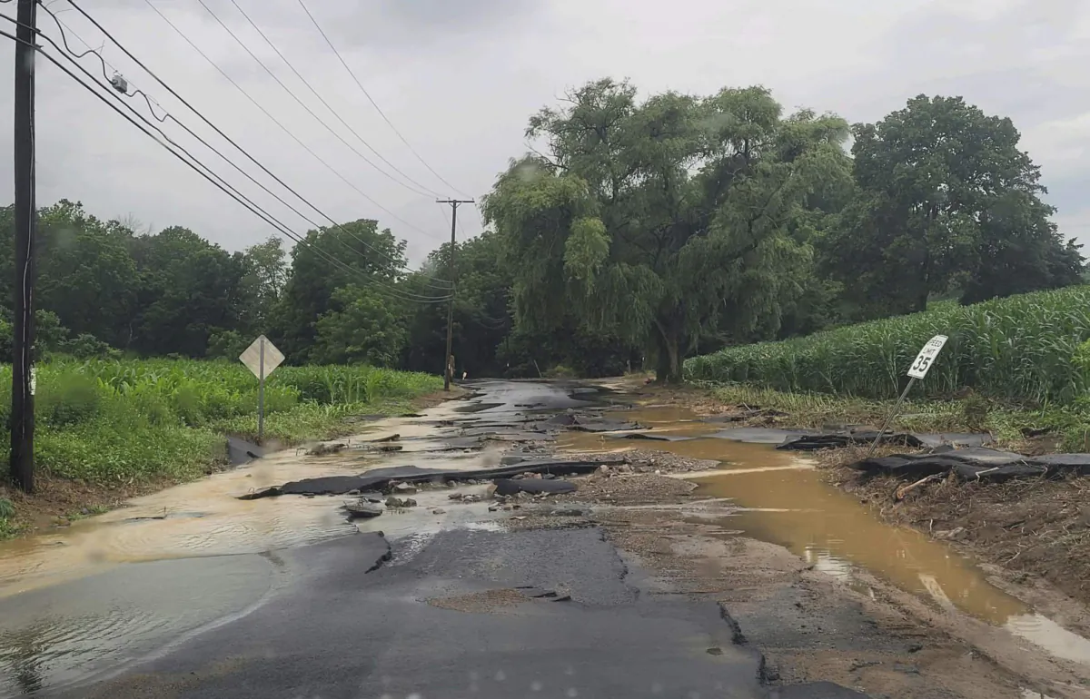 Flooding along Snyder Road, near the intersection with county Route 519, in Phillipsburg, N.J., on July 16, 2023. (Courtesy of JCP&L via AP)