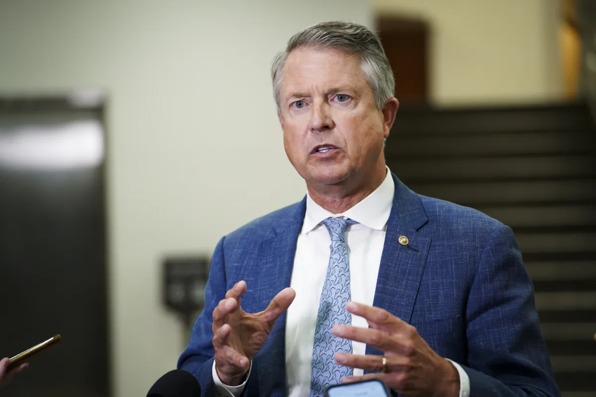 Sen. Roger Marshall (R-Kan.) speaks with reporters during a press conference in the U.S. Capitol in Washington on July 11, 2023. (Madalina Vasiliu/The Epoch Times)