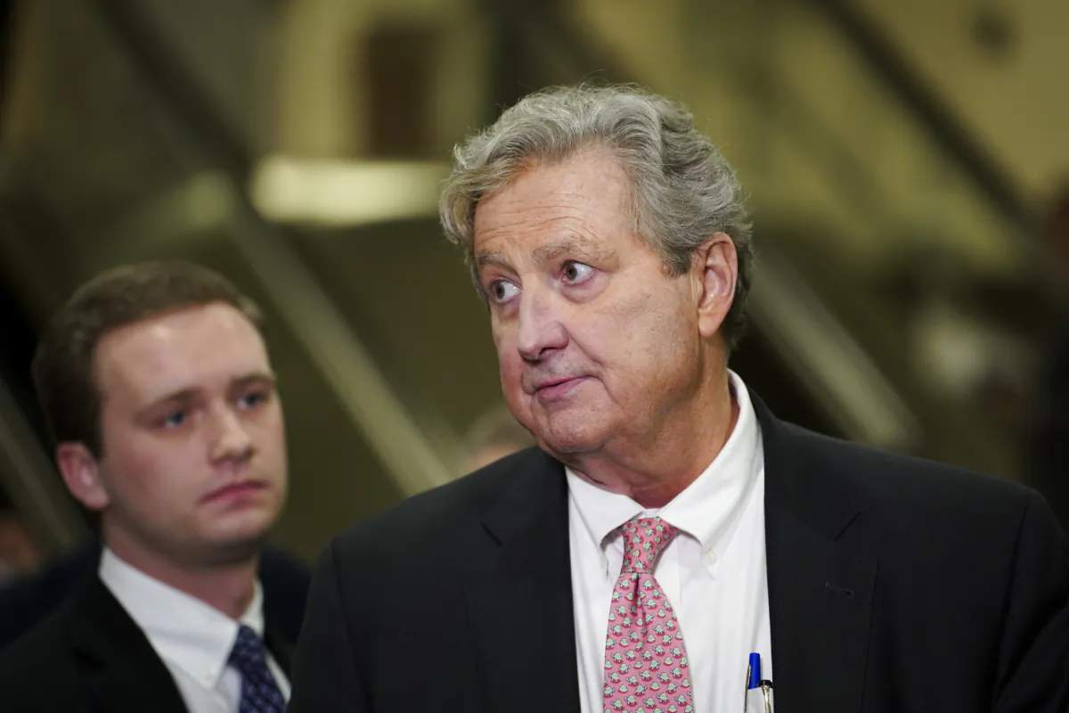 Sen. John Kennedy (R- La.) speaks with reporters during a press conference in the U.S. Capitol in Washington on July 11, 2023. (Madalina Vasiliu/The Epoch Times)