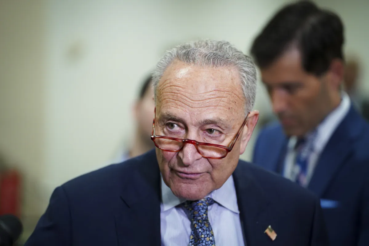 Sen. Chuck Schumer (D-N.Y.) speaks at a press conference in Washington on July 11, 2023. (Madalina Vasiliu/The Epoch Times)