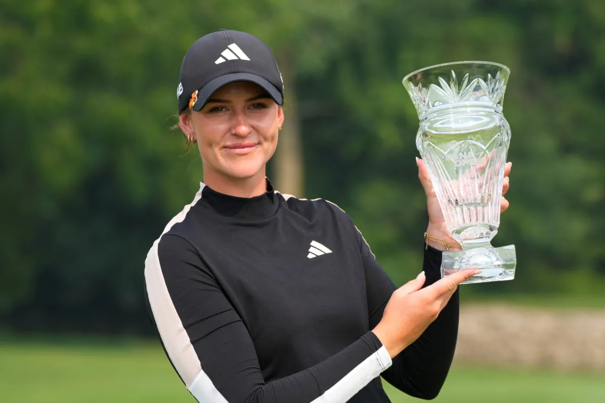 Linn Grant of Sweden poses with the winner's trophy after the final round of the Dana Open golf tournament at Highland Meadows Golf Club in Sylvania, Ohio on July 16, 2023. (Carlos Osorio/AP Photo)