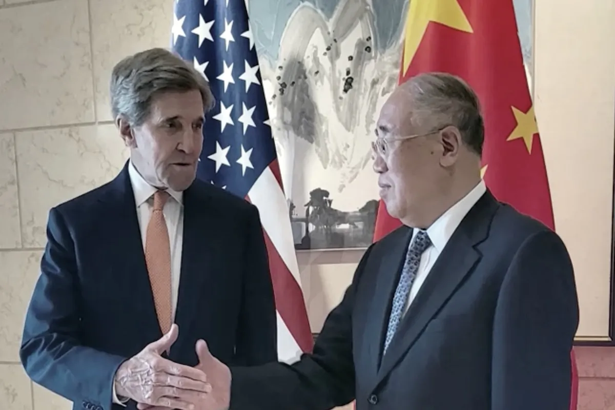 U.S. climate envoy John Kerry held talks with his counterpart, Xie Zhenhua, in Beijing on July 17, 2023. (Reuters/Screenshot via The Epoch Times)