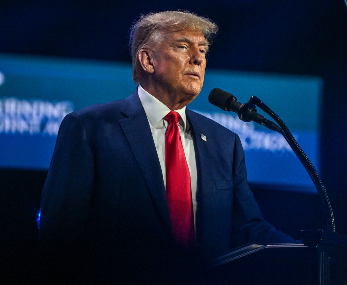 Former president and 2024 presidential hopeful Donald Trump speaks at the Turning Point Action USA conference in West Palm Beach, Fla., on July 15, 2023. (Giorgio Viera/AFP via Getty Images)