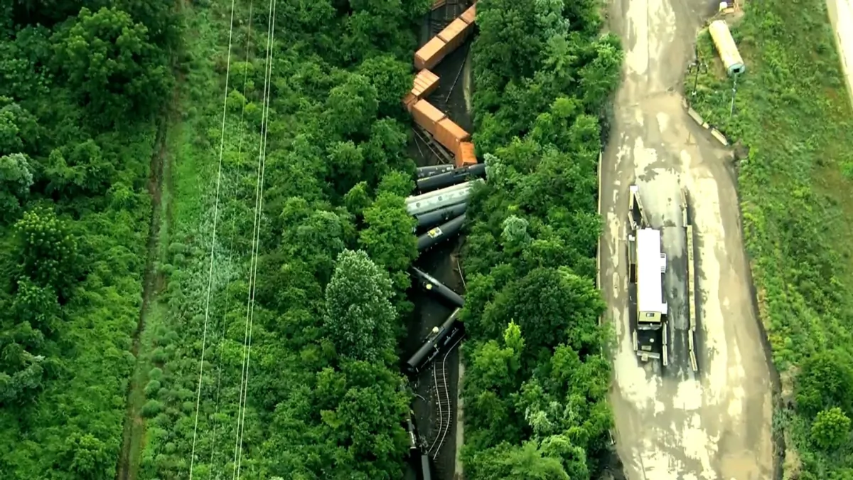 Derailed train cars in Whitemarsh Township, Pa., on July 17, 2023. (Courtesy of KYW)