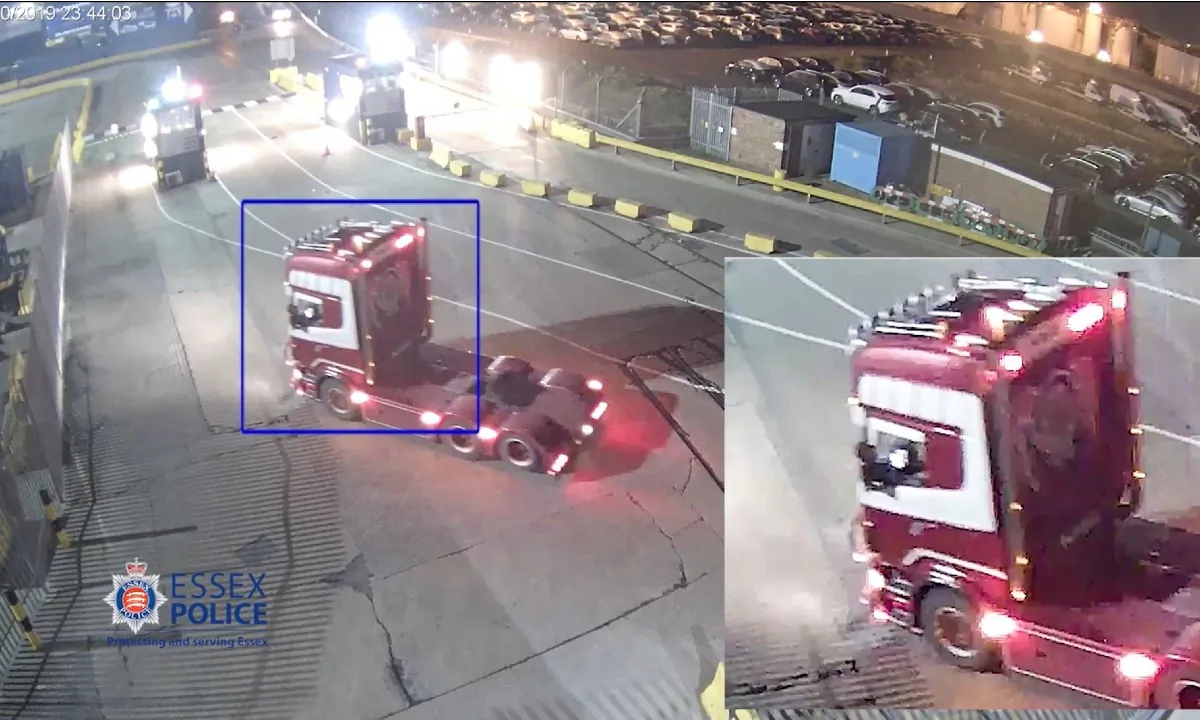 Handout CCTV image issued by Essex Police dated Oct. 22, 2019 of Maurice Robinson's cab arriving at Port of Purfleet, which was shown at the Old Bailey, London, during the trial of four men - Gheorghe Nica, Eamonn Harrison, Christopher Kennedy, and Valentin Calota - for being part of an alleged people-smuggling ring linked to the death of 39 migrants in a lorry in Essex. (PA Media)