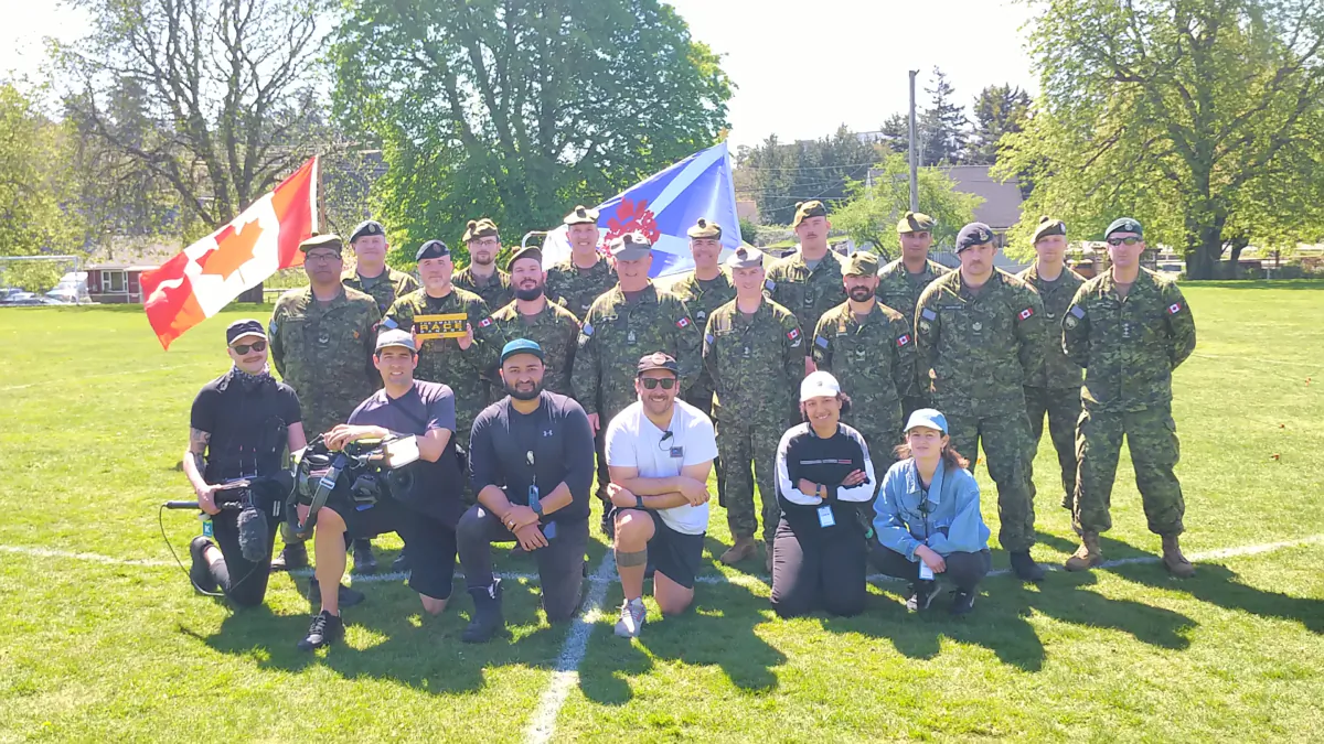 Capt. Christopher Nixon (2nd row, far R) with members of the Canadian Scottish Regiment who took part in an episode of “The Amazing Race Canada” with a 10-man tent assembly challenge, in an episode airing on July 25, 2023. (Courtesy of Christopher Nixon)