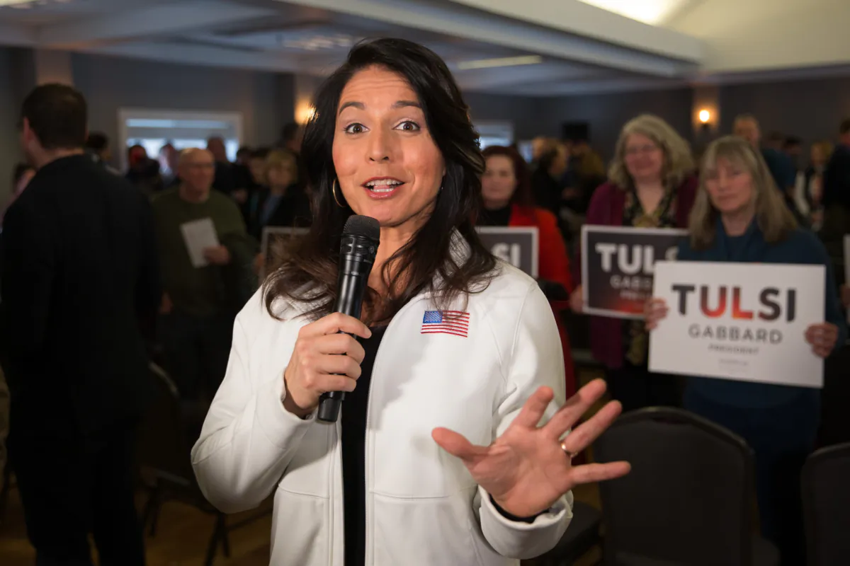 Then-Democratic presidential candidate Rep. Tulsi Gabbard (D-HI) answers media questions following a campaign event in Portsmouth, N.H., on Feb. 9, 2020. (Scott Eisen/Getty Images)