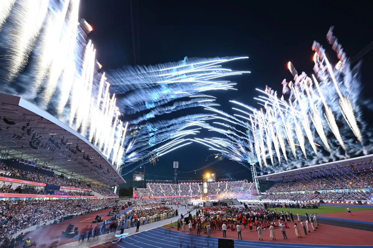 Fireworks erupt over the Alexander Stadium during the closing ceremony for the Commonwealth Games in Birmingham, England, on Aug. 8, 2022. (Glyn Kirk/AFP via Getty Images)