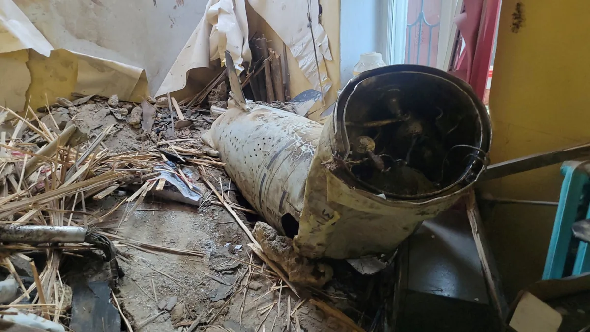 Part of a Russian Kalibr cruise missile lies inside a building damaged during a Russian attack in Odesa, Ukraine, on July 18, 2023. (Press Service of the Operational Command South of the Ukrainian Armed Forces/Handout via Reuters)