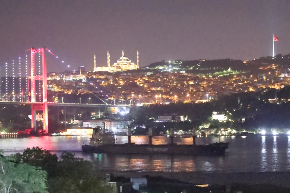 Turkish-flagged bulker TQ Samsun transits the Bosporus strait in Istanbul on July 18, 2023. (Murad Sezer/Reuters)