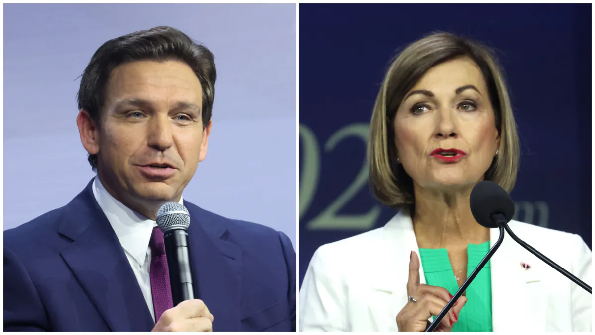 (Left) Florida Gov. Ron DeSantis speaks to guests at the Family Leadership Summit in Des Moines, Iowa, on July 14, 2023. (Scott Olson/Getty Images), (Right) Iowa Gov. Kim Reynolds speaks to guests before signing into law a bill that will ban most abortions after around six weeks of pregnancy during a visit to the Family Leadership Summit in Des Moines, Iowa, on July 14, 2023. (Scott Olson/Getty Images)