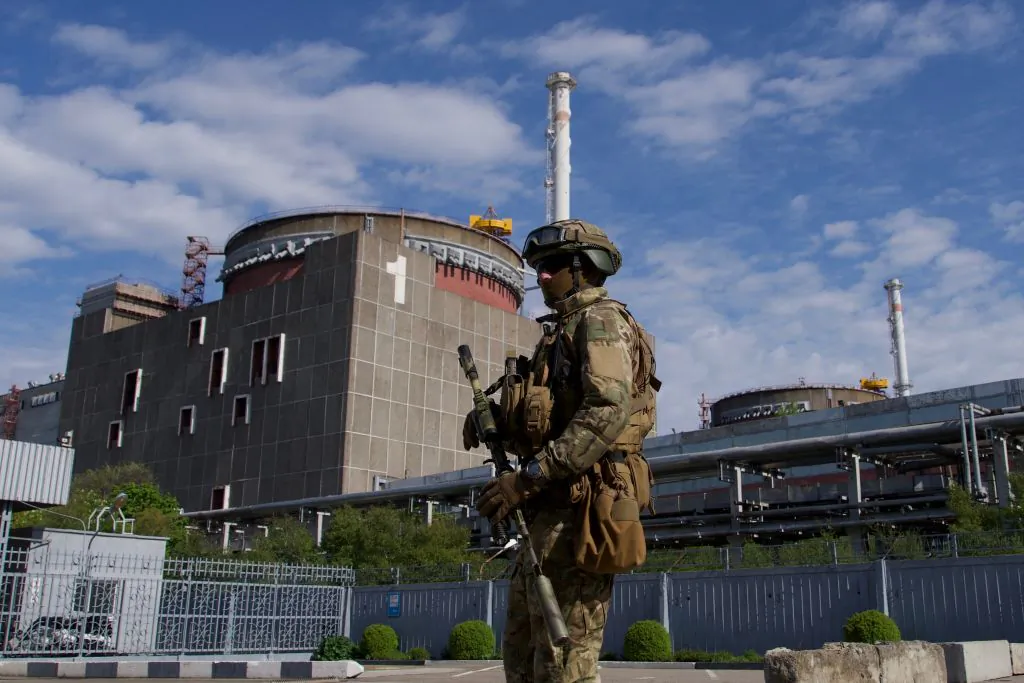 A Russian serviceman patrols the territory of the Zaporizhzhia Nuclear Power Station in Energodar on May 1, 2022. (Andrey Borodulin/AFP via Getty Images)