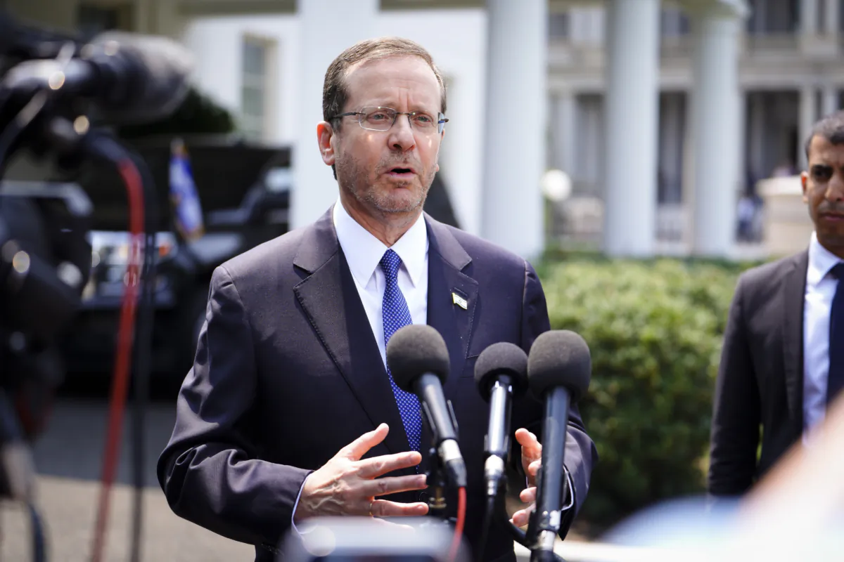 Israeli President Isaac Herzog speaks to reporters about his meeting with U.S. President Joe Biden at the White House in Washington on July 18, 2023. (Madalina Vasiliu/The Epoch Times)
