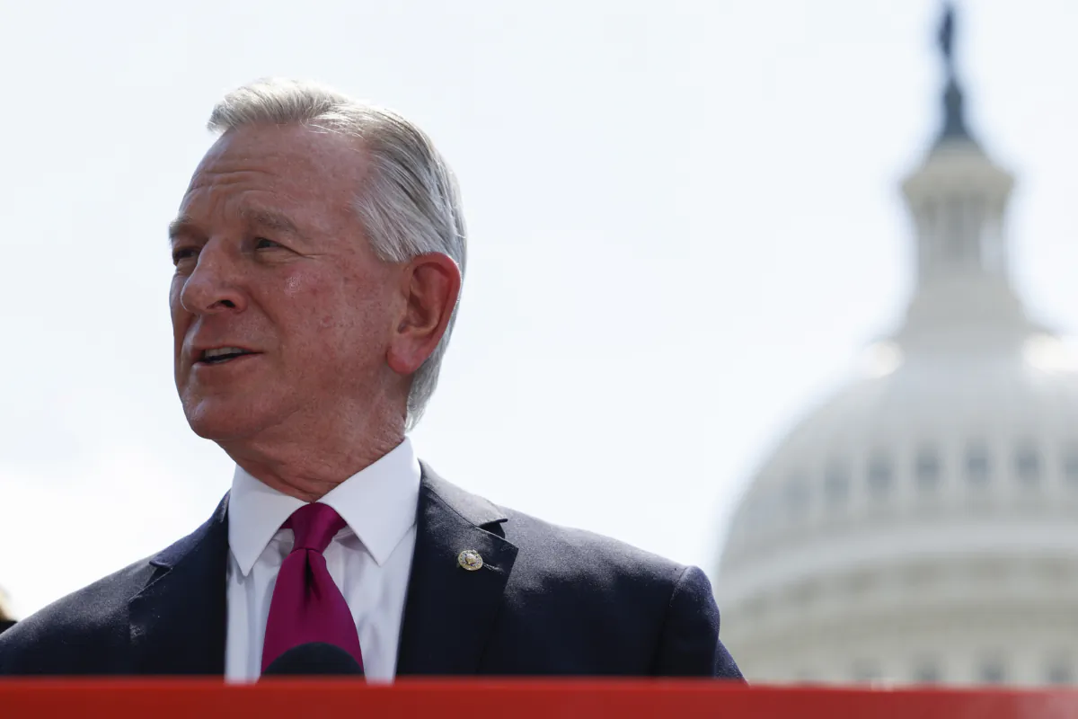 Sen. Tommy Tuberville (R-Ala.) speaks at a press conference outside the U.S. Capitol Building in Washington on April 27, 2023. (Anna Moneymaker/Getty Images)