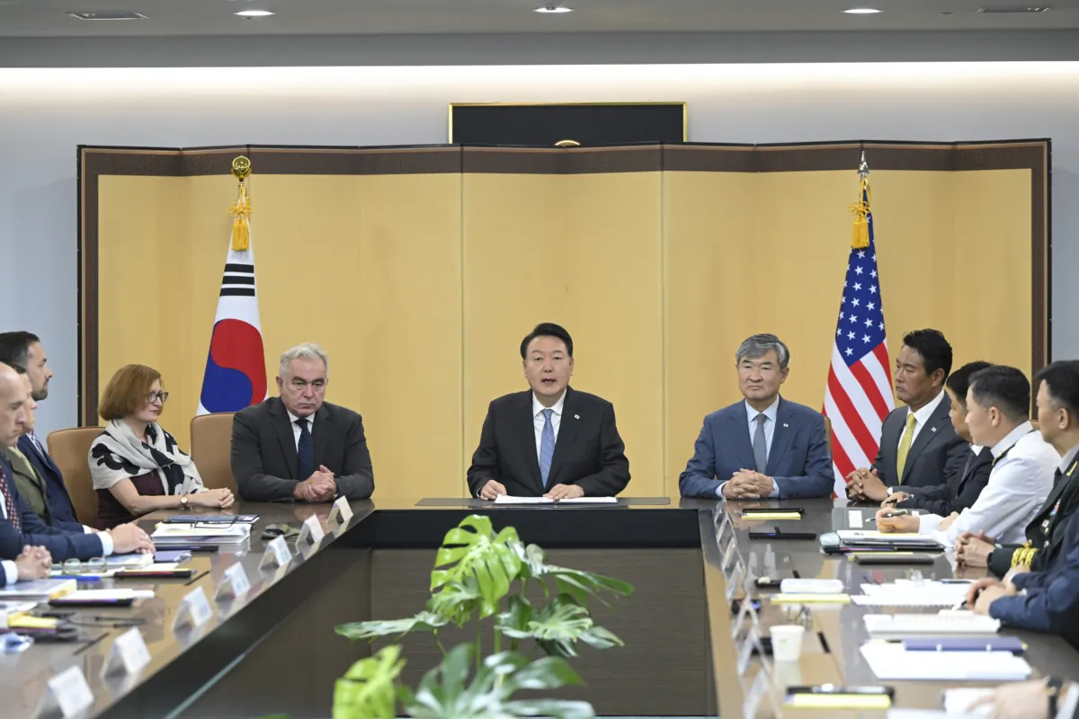 South Korean President Yoon Suk Yeol (C) speaks during a meeting of the Nuclear Consultative Group between South Korea and the United States at the presidential house in Seoul, South Korea, on July 18, 2023. (South Korea Presidential House/Yonhap via AP)