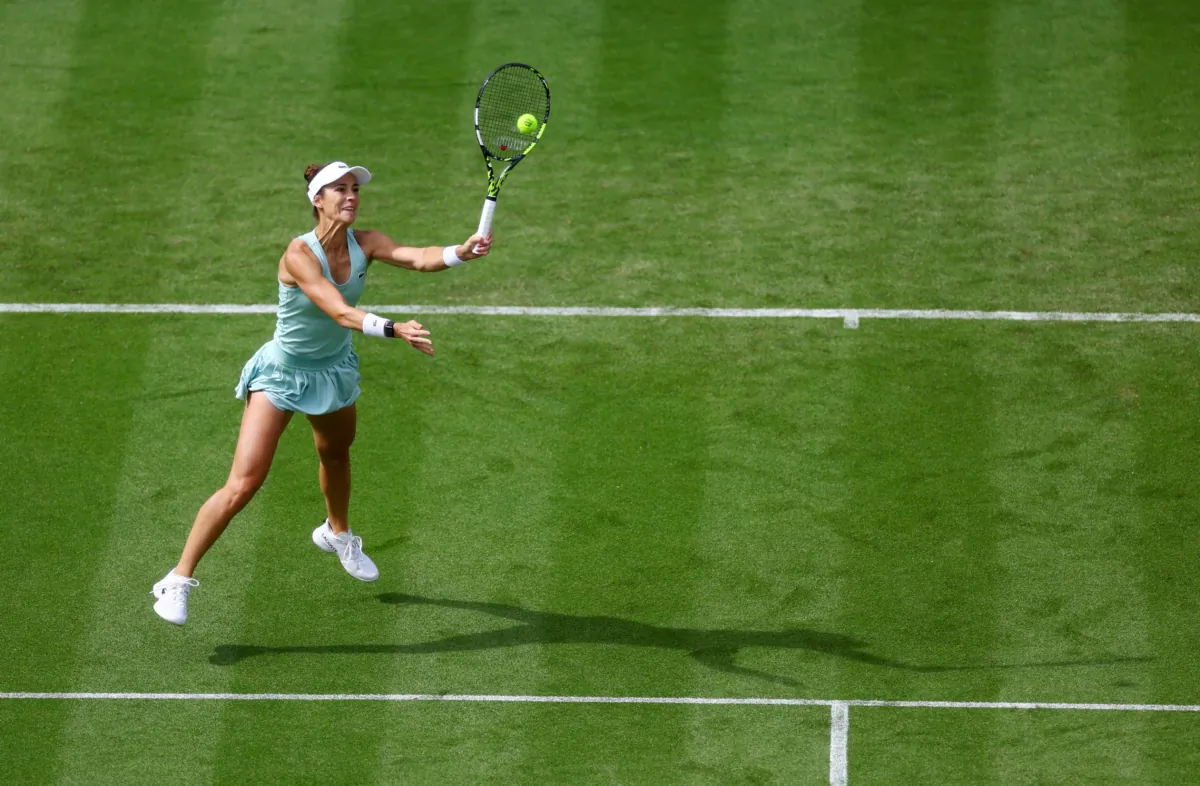 Bernarda Pera of the United States during her round of 32 match against Coco Gauff of the United States at Eastbourne International  in Eastbourne, Britain, on June 27, 2023. (Paul Childs/Action Images via Reuters)