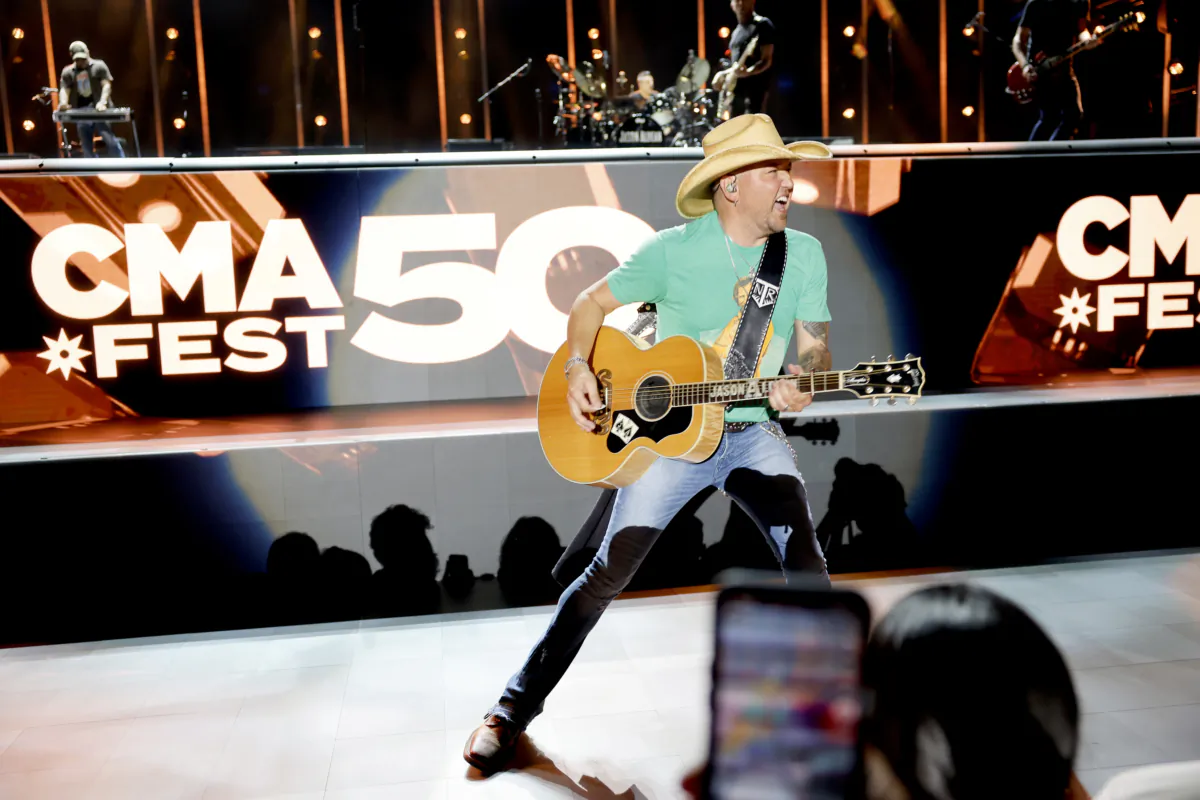 Jason Aldean performs on stage at Nissan Stadium in Nashville, Tenn., on June 10, 2023. (Jason Kempin/Getty Images)