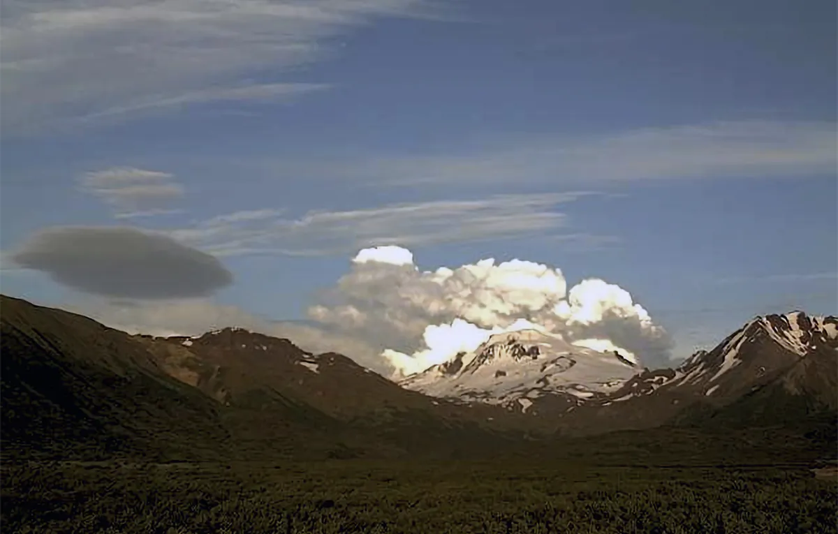 A low-level ash plume from the Shishaldin Volcano in Alaska on July 18, 2023. (Alaska Volcano Observatory/U.S. Geological Survey via AP)