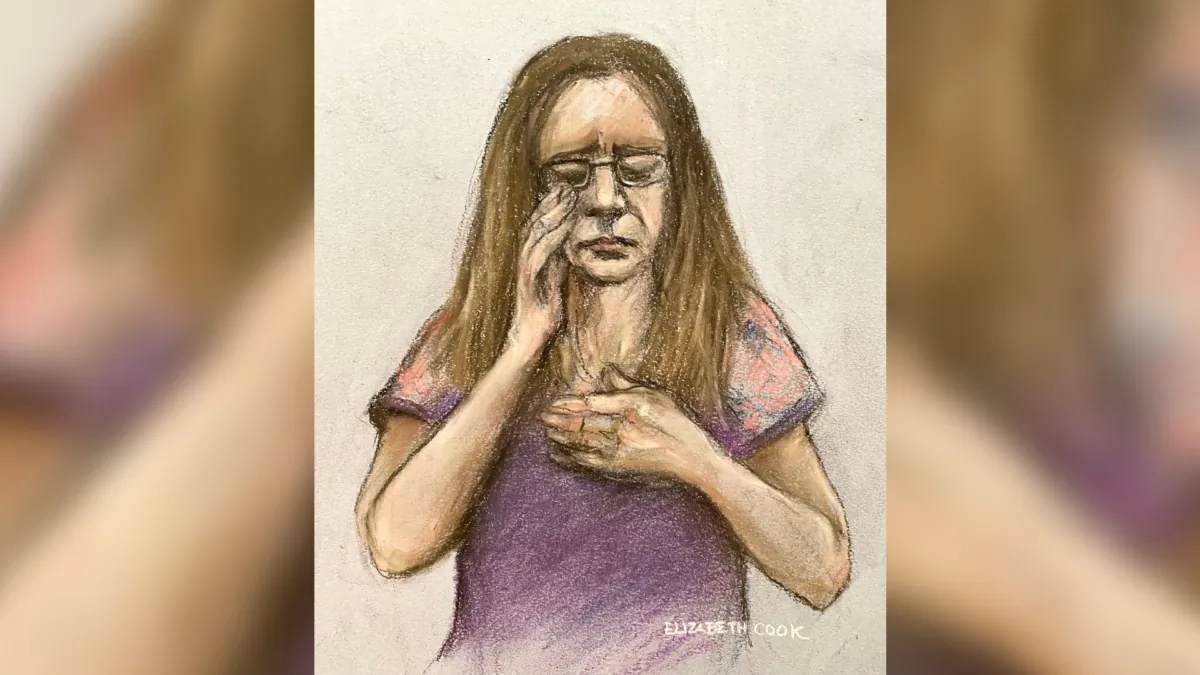 Court artist sketch of Carla Foster appearing by video link from Foston Hall Prison in Derbyshire, at the Court of Appeal, London, on July 18, 2023. (Elizabeth Cook/PA)