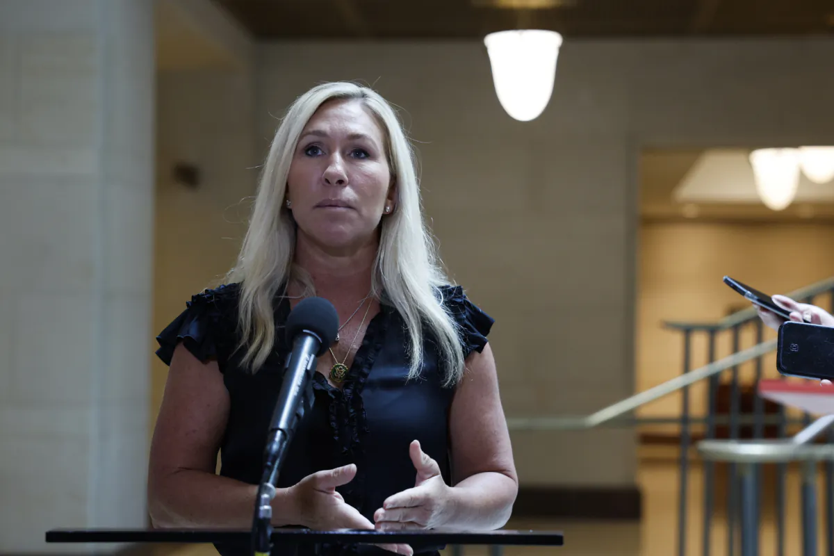 Rep. Marjorie Taylor Greene (R-Ga.) speaks to reporters after attending a briefing with U.S. Secret Service officials on the cocaine substance found at the White House in Washington on July 13, 2023. (Anna Moneymaker/Getty Images)