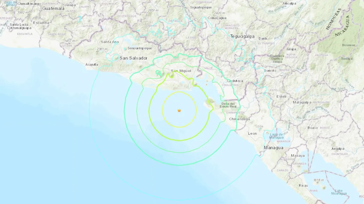 Center of the earthquake in the Pacific Ocean off the coast of El Salvador on July 18, 2023. (USGS/Screenshot via The Epoch Times)