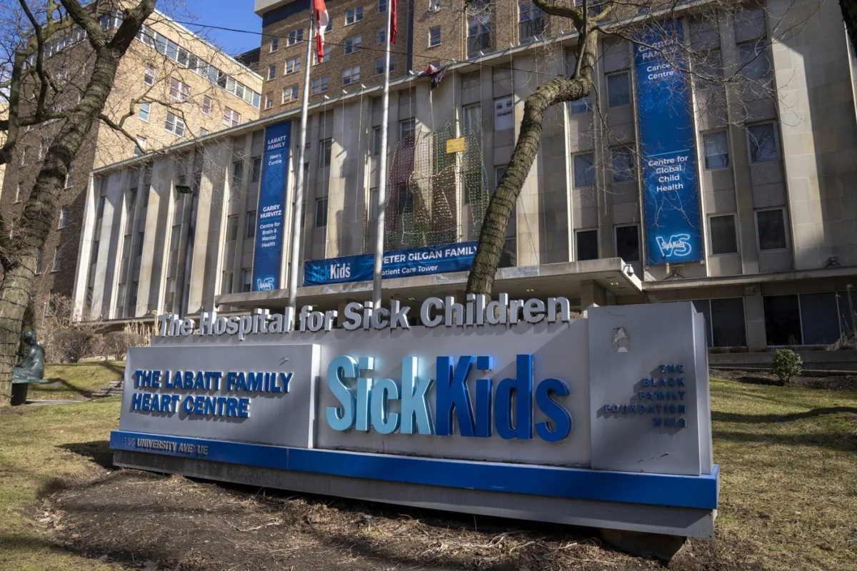 The sign in front of SickKids hospital in Toronto, Feb. 20, 2023. (The Canadian Press/Frank Gunn)