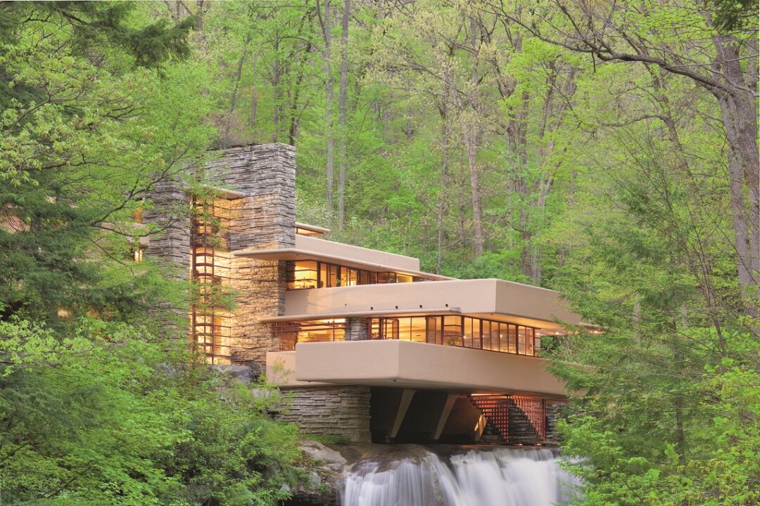 Frank Lloyd Wright’s distinctive and daring cantilever design over a waterfall, using reinforced concrete, achieved not only a unique modern aesthetic but also safety over the falling water. (Christopher Little/ Courtesy of the Western Pennsylvania Conservancy)