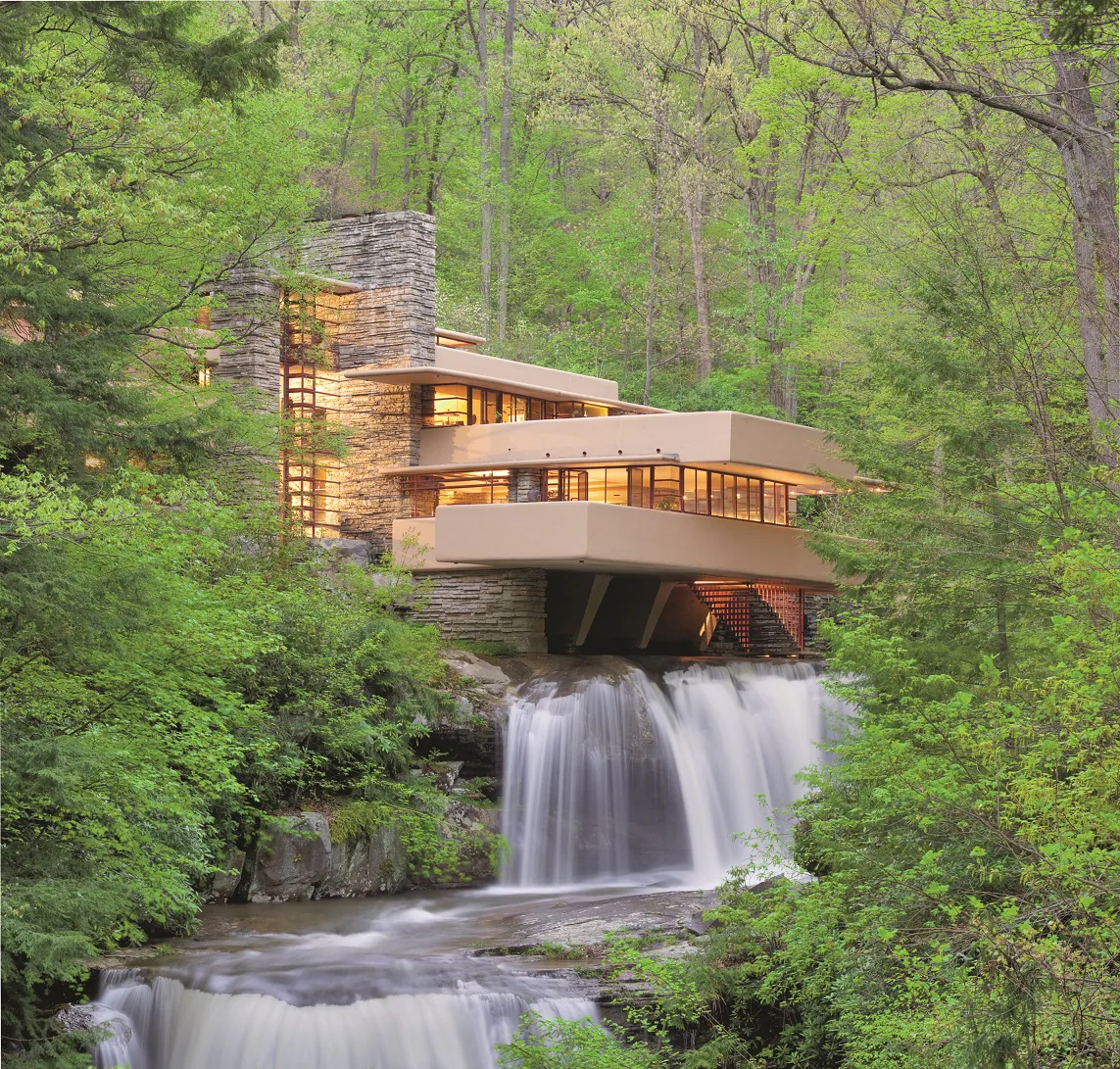 Frank Lloyd Wright’s distinctive and daring cantilever design over a waterfall, using reinforced concrete, achieved not only a unique modern aesthetic but also safety over the falling water. (Christopher Little/ Courtesy of the Western Pennsylvania Conservancy)