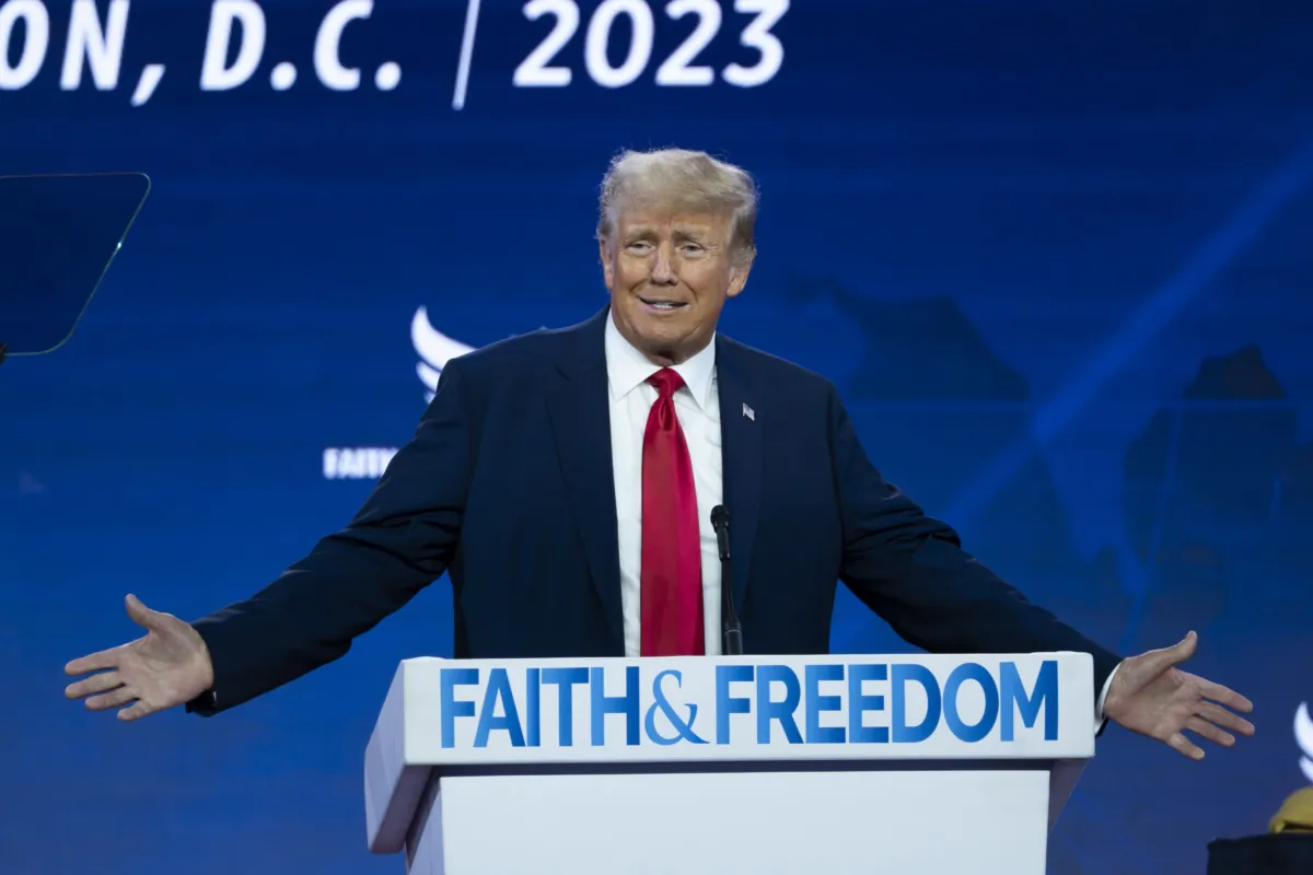 Former President Donald J. Trump speaks during the Faith and Freedom Road to Majority conference at Hilton in Washington on June 24, 2023.(Madalina Vasiliu/The Epoch Times)