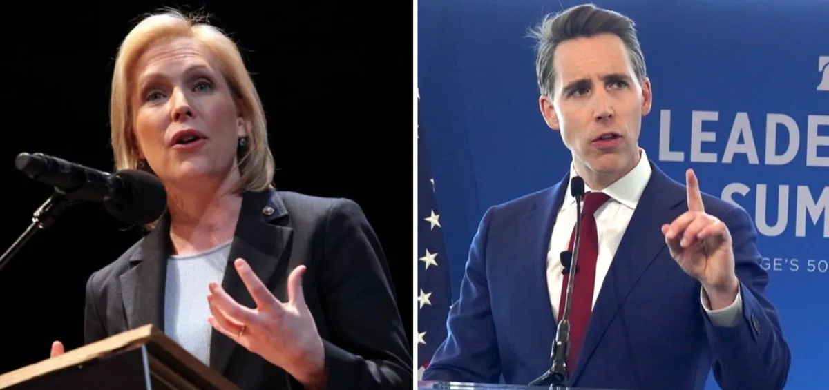 (Left) Senator Kirsten Gillibrand attends the 25th annual Brooklyn tribute to Martin Luther King Jr. at BAM Howard Gilman Opera House in the Brooklyn borough of New York on Jan. 17, 2011. (Astrid Stawiarz/Getty Images), (Right) Sen. Josh Hawley (R-Mo.) speaks at the Heritage Foundation's Leadership Summit in National Harbor, Md., on Apr. 20, 2023. (Terri Wu/The Epoch Times)