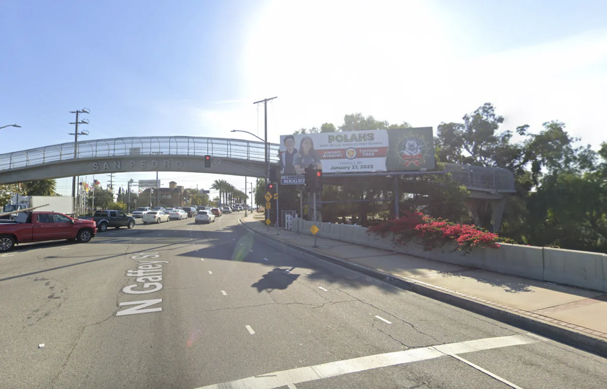 The billboard being torn down on North Gaffey Street near the 110 Freeway in San Pedros, Calif., in a screenshot image. (Google Maps/Screenshot via The Epoch Times)