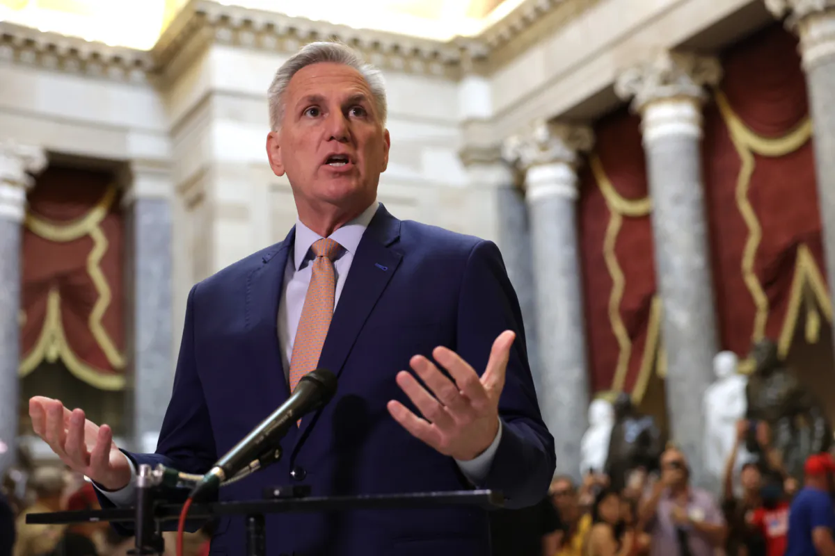 House Speaker Kevin McCarthy (R-Calif.) speaks to the media during a briefing in National Statuary Hall at the Capitol in Washington on July 17, 2023. (Alex Wong/Getty Images)