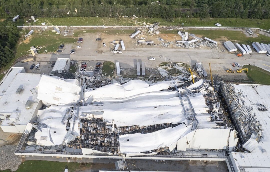 Debris is scattered around the Pfizer facility, n Rocky Mount, N.C., after damage from severe weather, on July 19, 2023. (Travis Long/The News & Observer via AP)