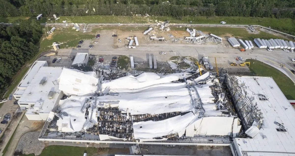 Debris is scattered around the Pfizer facility, n Rocky Mount, N.C., after damage from severe weather, on July 19, 2023. (Travis Long/The News & Observer via AP)