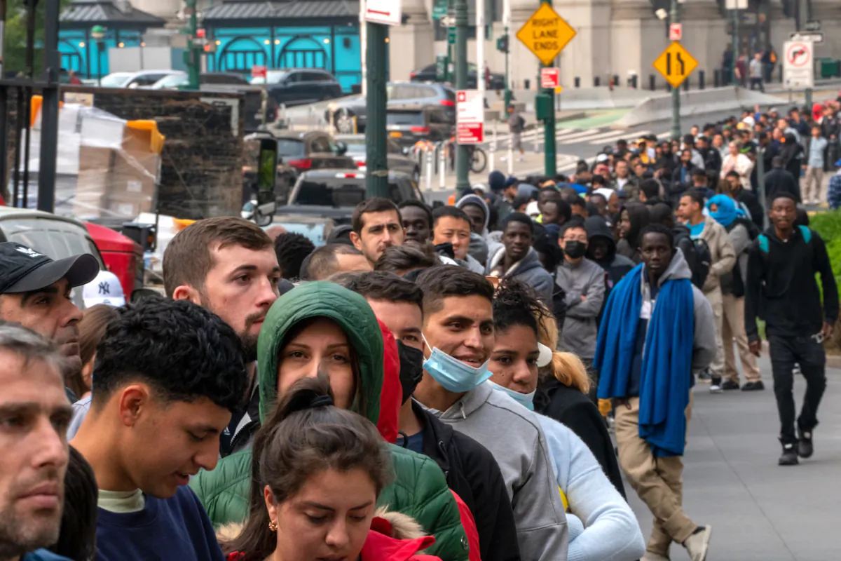 Hundreds of illegal immigrants seeking asylum line for Immigration Customs Enforcement appointments outside of the Jacob K. Javits Federal Building in New York City, on June 6, 2023. (David Dee Delgado/Getty Images)