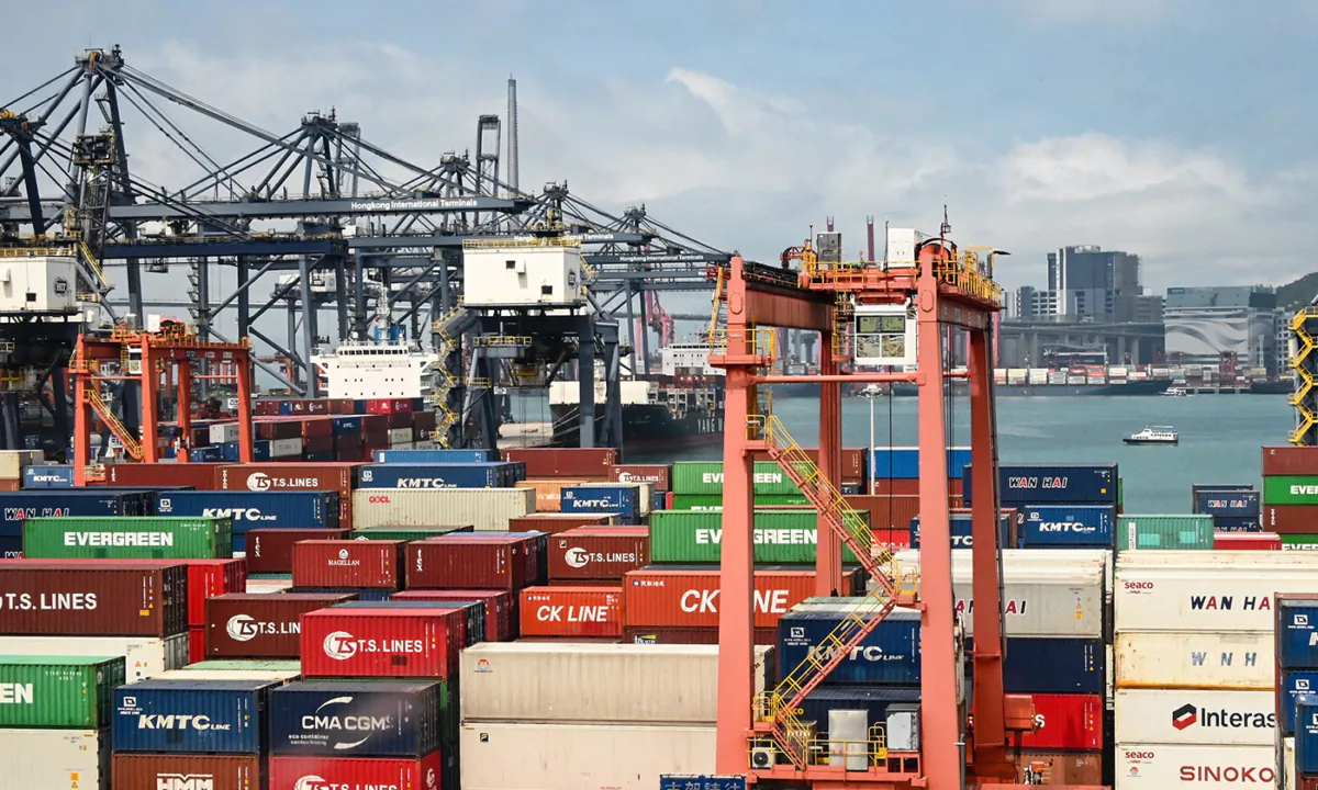 A close-up view of the container terminal in Kwai Chung, Hong Kong, on May 16, 2023. (Bill Cox/The Epoch Times)
