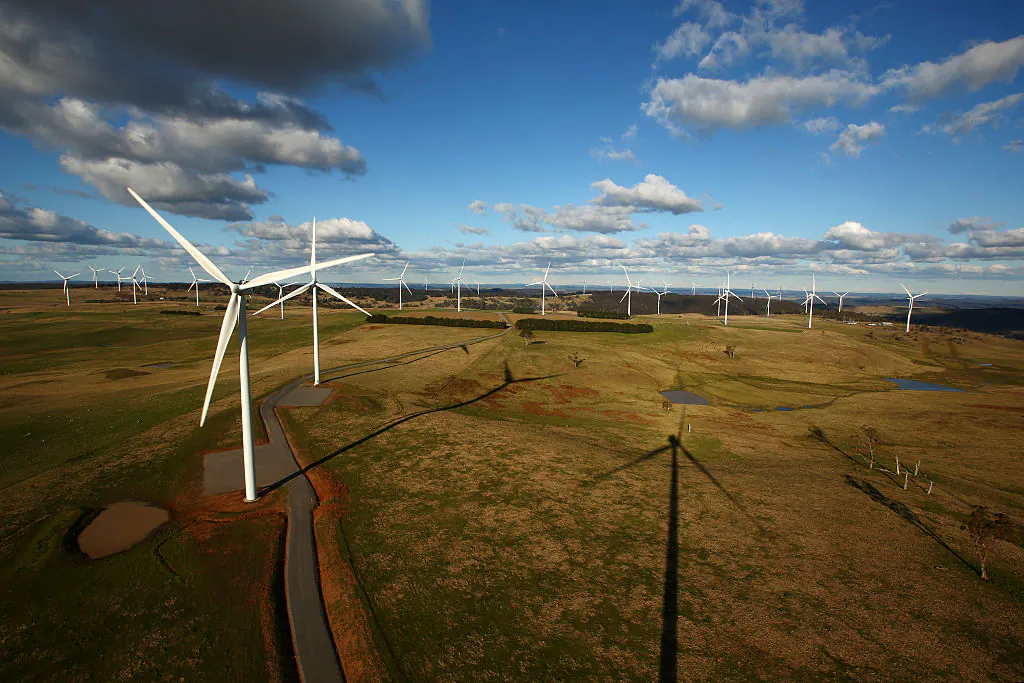 The view overlooking wind turbines and farmland is seen at the Taralga Wind Farm in Taralga, Australia, on Aug. 31, 2015. (Mark Kolbe/Getty Images)