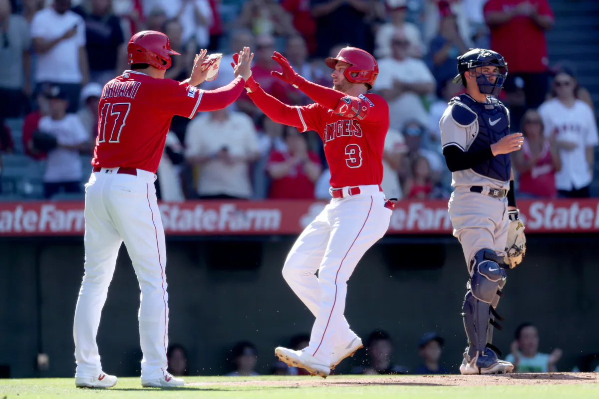 Shohei Ohtani (17)  congratulates Taylor Ward (3) of the Los Angeles Angels after his two-run homerun as Kyle Higashioka (66) of the New York Yankees looks on during the first inning of a game at Angel Stadium of Anaheim in Anaheim, Calif., on July 19, 2023. (Sean M. Haffey/Getty Images)