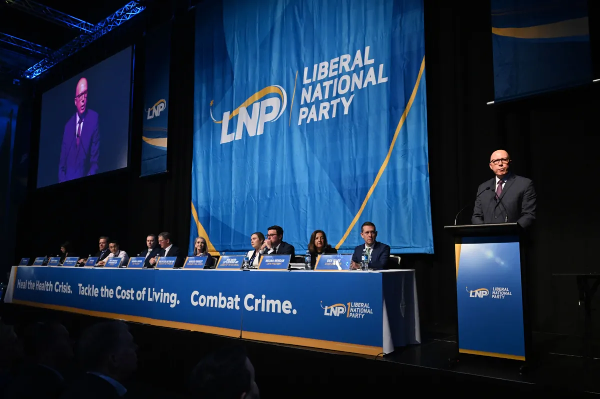 Federal Opposition Leader Peter Dutton (right) is seen speaking during the Queensland Liberal National Party (LNP) annual conference in Brisbane, Australia, on July 8, 2023. (AAP Image/Darren England)