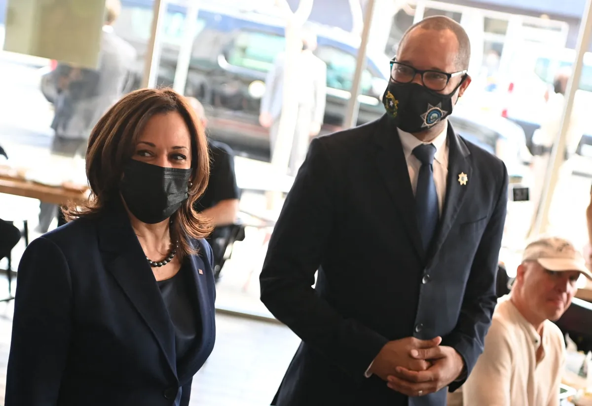 Vice President Kamala Harris with Nevada Attorney General Aaron Ford visits the vegan restaurant Tacotarian in Las Vegas, Nev., on March 15, 2021. (MANDEL NGAN/AFP via Getty Images)