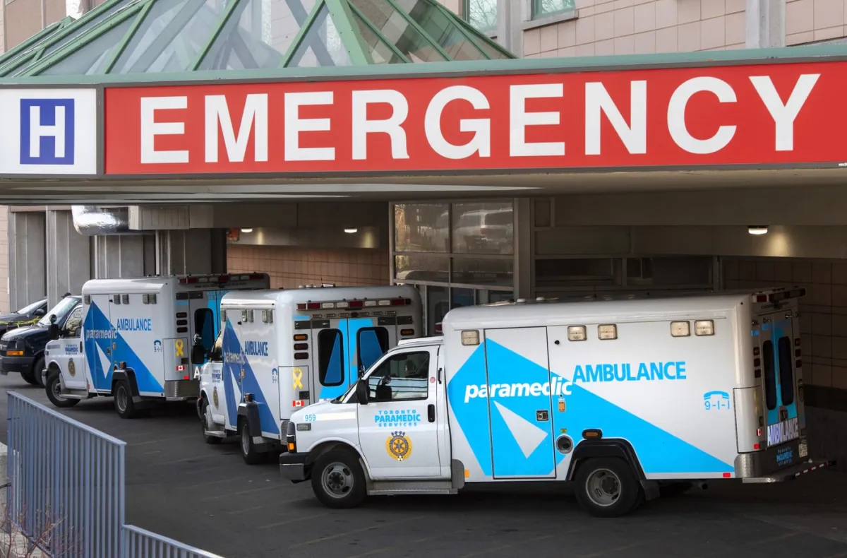 Ambulances are seen at a hospital in Toronto on April 6, 2021. (The Canadian Press/Frank Gunn)